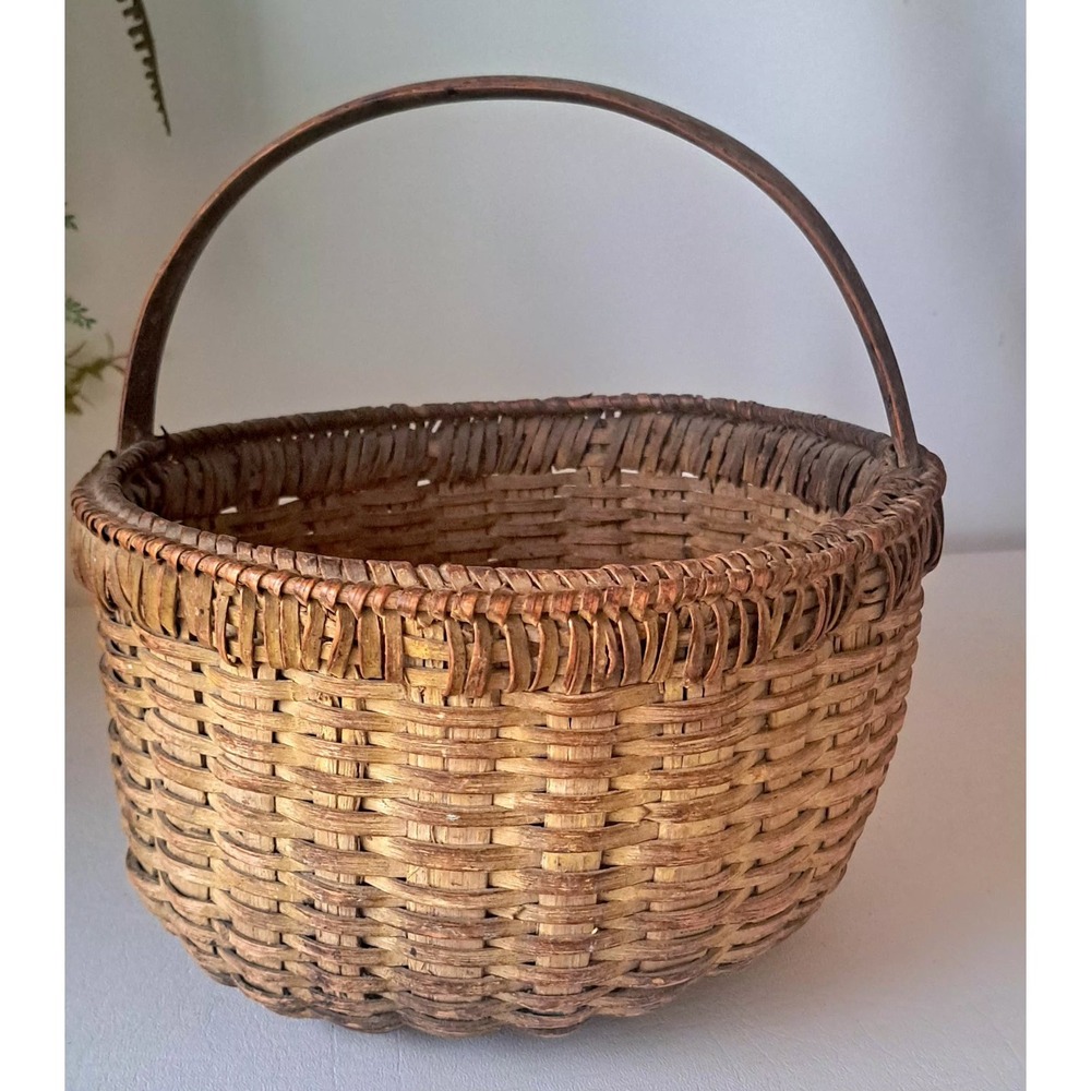 Antique Appalachian Splint Oak Gathering Basket Buttermilk Mustard Yellow Paint